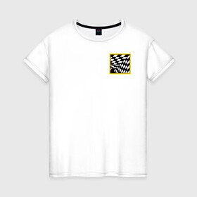 Женская футболка хлопок с принтом иллюзия  в Кировске, 100% хлопок | прямой крой, круглый вырез горловины, длина до линии бедер, слегка спущенное плечо | желтый | иллюзия | клетки | мода | необычно | прикольно | пространство | стильно. | черно белый