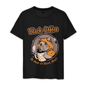 Мужская футболка хлопок с принтом Black Coffee Cat в Кировске, 100% хлопок | прямой крой, круглый вырез горловины, длина до линии бедер, слегка спущенное плечо. | cat | cats | coffee | kitty | magic | prints | картинки | кот | котики | коты | котэ | котята | кофе | кошки | магия | майки | мем | мода | прикол | принты | стиль | тренд | футболки | яркие | яркость