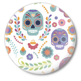 Значок с принтом Мексиканские мотивы в Кировске,  металл | круглая форма, металлическая застежка в виде булавки | день мёртвых. череп | мексика | мексиканский | мексиканское | цветок | цветы | черепа