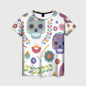 Женская футболка 3D с принтом Мексиканские мотивы в Кировске, 100% полиэфир ( синтетическое хлопкоподобное полотно) | прямой крой, круглый вырез горловины, длина до линии бедер | день мёртвых. череп | мексика | мексиканский | мексиканское | цветок | цветы | черепа