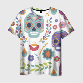 Мужская футболка 3D с принтом Мексиканские мотивы в Кировске, 100% полиэфир | прямой крой, круглый вырез горловины, длина до линии бедер | день мёртвых. череп | мексика | мексиканский | мексиканское | цветок | цветы | черепа