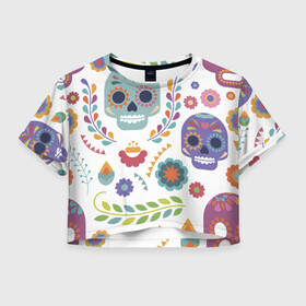 Женская футболка Crop-top 3D с принтом Мексиканские мотивы в Кировске, 100% полиэстер | круглая горловина, длина футболки до линии талии, рукава с отворотами | день мёртвых. череп | мексика | мексиканский | мексиканское | цветок | цветы | черепа