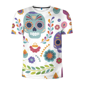 Мужская футболка 3D спортивная с принтом Мексиканские мотивы в Кировске, 100% полиэстер с улучшенными характеристиками | приталенный силуэт, круглая горловина, широкие плечи, сужается к линии бедра | день мёртвых. череп | мексика | мексиканский | мексиканское | цветок | цветы | черепа