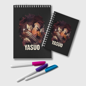 Блокнот с принтом Yasuo в Кировске, 100% бумага | 48 листов, плотность листов — 60 г/м2, плотность картонной обложки — 250 г/м2. Листы скреплены удобной пружинной спиралью. Цвет линий — светло-серый
 | Тематика изображения на принте: jinx | kda | league | lol | moba | pentakill | riot | rise | rus | skins | варвик | варус | воин | легенд | лига | лол | маг | стрелок | танк | чемпион