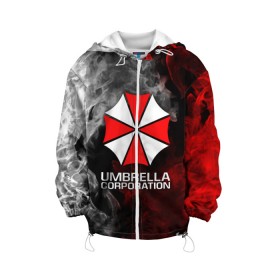 Детская куртка 3D с принтом UMBRELLA CORP в Кировске, 100% полиэстер | застежка — молния, подол и капюшон оформлены резинкой с фиксаторами, по бокам — два кармана без застежек, один потайной карман на груди, плотность верхнего слоя — 90 г/м2; плотность флисового подклада — 260 г/м2 | ada wong | biohazard | leon | nemesis | project resistance | raccoon city | re2 | resident evil 2 | rpd | stars | umbrella | ада вонг | амбрелла | немесис | ужасы