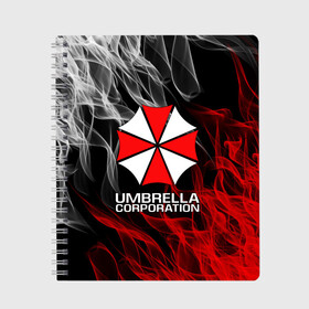 Тетрадь с принтом UMBRELLA CORP в Кировске, 100% бумага | 48 листов, плотность листов — 60 г/м2, плотность картонной обложки — 250 г/м2. Листы скреплены сбоку удобной пружинной спиралью. Уголки страниц и обложки скругленные. Цвет линий — светло-серый
 | ada wong | biohazard | leon | nemesis | project resistance | raccoon city | re2 | resident evil 2 | rpd | stars | umbrella | ада вонг | амбрелла | немесис | ужасы