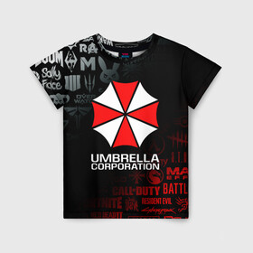 Детская футболка 3D с принтом RESIDENT EVIL (UMBRELLA CORP) в Кировске, 100% гипоаллергенный полиэфир | прямой крой, круглый вырез горловины, длина до линии бедер, чуть спущенное плечо, ткань немного тянется | ada wong | biohazard | leon | nemesis | project resistance | raccoon city | re | re3 | resident evil | resident evil 3 | rpd | stars | umbrella | ада вонг | амбрелла | немезис | ужасы