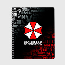 Тетрадь с принтом RESIDENT EVIL (UMBRELLA CORP) в Кировске, 100% бумага | 48 листов, плотность листов — 60 г/м2, плотность картонной обложки — 250 г/м2. Листы скреплены сбоку удобной пружинной спиралью. Уголки страниц и обложки скругленные. Цвет линий — светло-серый
 | ada wong | biohazard | leon | nemesis | project resistance | raccoon city | re | re3 | resident evil | resident evil 3 | rpd | stars | umbrella | ада вонг | амбрелла | немезис | ужасы