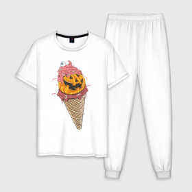 Мужская пижама хлопок с принтом Pumpkin IceCream в Кировске, 100% хлопок | брюки и футболка прямого кроя, без карманов, на брюках мягкая резинка на поясе и по низу штанин
 | helloween | ice cream | icecream | pumpkin | глаз | глазурь | еда | крем | мороженое | рожок | тыква | улыбка