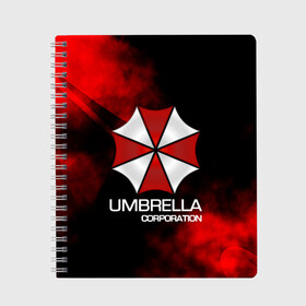 Тетрадь с принтом UMBRELLA CORP в Кировске, 100% бумага | 48 листов, плотность листов — 60 г/м2, плотность картонной обложки — 250 г/м2. Листы скреплены сбоку удобной пружинной спиралью. Уголки страниц и обложки скругленные. Цвет линий — светло-серый
 | biohazard | biohazard 7 | crocodile | fang | game | hand | monster | new umbrella | resident evil | resident evil 7 | umbrella | umbrella corp | umbrella corporation | zombie | обитель