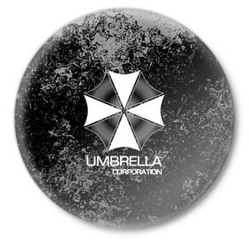 Значок с принтом UMBRELLA CORP в Кировске,  металл | круглая форма, металлическая застежка в виде булавки | biohazard | biohazard 7 | crocodile | fang | game | hand | monster | new umbrella | resident evil | resident evil 7 | umbrella | umbrella corp | umbrella corporation | zombie | обитель