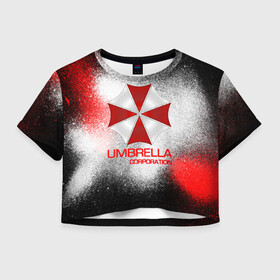 Женская футболка Crop-top 3D с принтом UMBRELLA CORP в Кировске, 100% полиэстер | круглая горловина, длина футболки до линии талии, рукава с отворотами | biohazard | biohazard 7 | crocodile | fang | game | hand | monster | new umbrella | resident evil | resident evil 7 | umbrella | umbrella corp | umbrella corporation | zombie | обитель