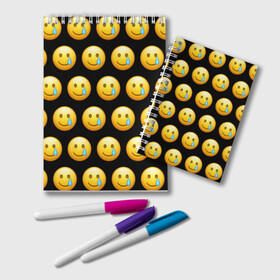 Блокнот с принтом New Emoji в Кировске, 100% бумага | 48 листов, плотность листов — 60 г/м2, плотность картонной обложки — 250 г/м2. Листы скреплены удобной пружинной спиралью. Цвет линий — светло-серый
 | crying | emoji | smile | smiling face with tear | tear | плачущий | слеза | смайлик | улыбка | эмодзи