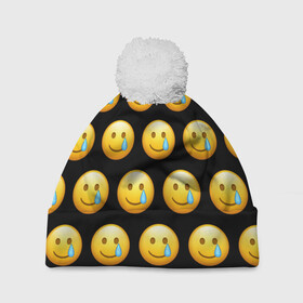 Шапка 3D c помпоном с принтом New Emoji в Кировске, 100% полиэстер | универсальный размер, печать по всей поверхности изделия | crying | emoji | smile | smiling face with tear | tear | плачущий | слеза | смайлик | улыбка | эмодзи