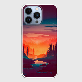 Чехол для iPhone 13 Pro с принтом Minimal forest sunset в Кировске,  |  | Тематика изображения на принте: forest | light | minimal | mountain | orange | purple | stone | sunset | water | вода | горы | закат | минимализм | оранжевый | фиолетовый