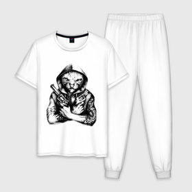 Мужская пижама хлопок с принтом Кот гангстер в Кировске, 100% хлопок | брюки и футболка прямого кроя, без карманов, на брюках мягкая резинка на поясе и по низу штанин
 | 