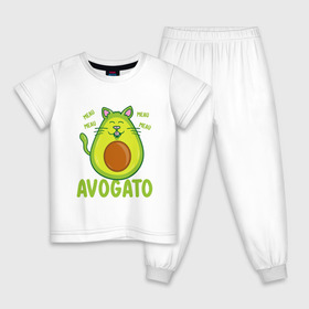 Детская пижама хлопок с принтом AVOGATO в Кировске, 100% хлопок |  брюки и футболка прямого кроя, без карманов, на брюках мягкая резинка на поясе и по низу штанин
 | Тематика изображения на принте: avocado | avocato | avogato | cat | cats | авокадо | авокато | авокот | картинка | картинки | кот | коте | котэ | прикольная | прикольные