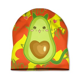 Шапка 3D с принтом авокадо в Кировске, 100% полиэстер | универсальный размер, печать по всей поверхности изделия | Тематика изображения на принте: avocado | cat | cats | funny | авокадо | зеленый авокадо | кот
