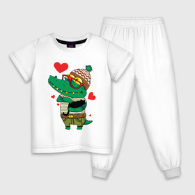 Детская пижама хлопок с принтом Модный крокодил в Кировске, 100% хлопок |  брюки и футболка прямого кроя, без карманов, на брюках мягкая резинка на поясе и по низу штанин
 | Тематика изображения на принте: крокодил | мода | стиль | хипстер | юмор
