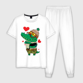 Мужская пижама хлопок с принтом Модный крокодил в Кировске, 100% хлопок | брюки и футболка прямого кроя, без карманов, на брюках мягкая резинка на поясе и по низу штанин
 | Тематика изображения на принте: крокодил | мода | стиль | хипстер | юмор