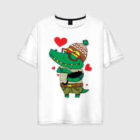 Женская футболка хлопок Oversize с принтом Модный крокодил в Кировске, 100% хлопок | свободный крой, круглый ворот, спущенный рукав, длина до линии бедер
 | Тематика изображения на принте: крокодил | мода | стиль | хипстер | юмор