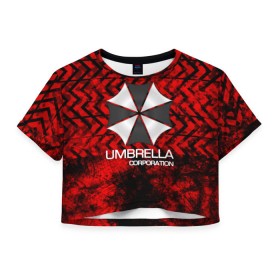 Женская футболка Crop-top 3D с принтом UMBRELLA CORP в Кировске, 100% полиэстер | круглая горловина, длина футболки до линии талии, рукава с отворотами | biohazard | biohazard 7 | crocodile | fang | game | hand | monster | new umbrella | resident evil | resident evil 7 | umbrella | umbrella corp | umbrella corporation | zombie | обитель