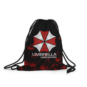 Рюкзак-мешок 3D с принтом UMBRELLA CORP в Кировске, 100% полиэстер | плотность ткани — 200 г/м2, размер — 35 х 45 см; лямки — толстые шнурки, застежка на шнуровке, без карманов и подкладки | biohazard | biohazard 7 | crocodile | fang | game | hand | monster | new umbrella | resident evil | resident evil 7 | umbrella | umbrella corp | umbrella corporation | zombie | обитель