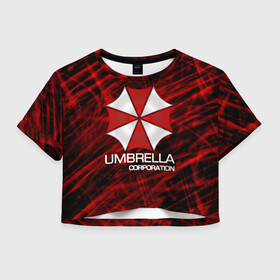 Женская футболка Crop-top 3D с принтом UMBRELLA CORP в Кировске, 100% полиэстер | круглая горловина, длина футболки до линии талии, рукава с отворотами | biohazard | biohazard 7 | crocodile | fang | game | hand | monster | new umbrella | resident evil | resident evil 7 | umbrella | umbrella corp | umbrella corporation | zombie | обитель