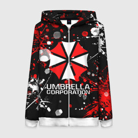 Женская толстовка 3D на молнии с принтом UMBRELLA CORPORATION. в Кировске, 100% полиэстер | длина до линии бедра, манжеты и пояс оформлены мягкой тканевой резинкой, двухслойный капюшон со шнурком для регулировки, спереди молния, по бокам два кармана | corp | corporation | resident evil | umbrella | umbrella corporation | зомби апокалипсис | зонт | игра