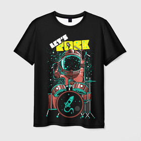 Мужская футболка 3D с принтом Lets Rock в Кировске, 100% полиэфир | прямой крой, круглый вырез горловины, длина до линии бедер | art | astronaut | drummer | drums | rock | rocket | space | арт | астронавт | барабанщик | барабаны | космонавт | космос | ракета | рок