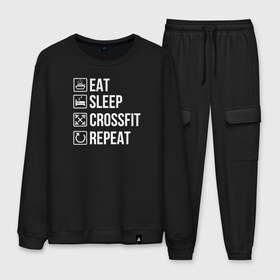 Мужской костюм хлопок с принтом Eat Sleep Crossfit Repeat в Кировске, 100% хлопок | на свитшоте круглая горловина, мягкая резинка по низу. Брюки заужены к низу, на них два вида карманов: два “обычных” по бокам и два объемных, с клапанами, расположенные ниже линии бедра. Брюки с мягкой трикотажной резинкой на поясе и по низу штанин. В поясе для дополнительного комфорта — широкие завязки | Тематика изображения на принте: crossfit | кроссфит | кросфит | пауэрлифтинг | спорт | фитнес