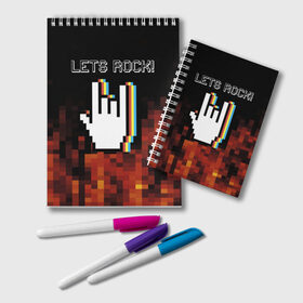 Блокнот с принтом Lets Rock в Кировске, 100% бумага | 48 листов, плотность листов — 60 г/м2, плотность картонной обложки — 250 г/м2. Листы скреплены удобной пружинной спиралью. Цвет линий — светло-серый
 | art | fire | hand | pixel | pixelart | rock | огонь | пиксель | пиксельарт | рок | рука