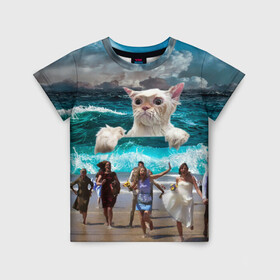 Детская футболка 3D с принтом Морской Кошак в Кировске, 100% гипоаллергенный полиэфир | прямой крой, круглый вырез горловины, длина до линии бедер, чуть спущенное плечо, ткань немного тянется | cat | mem | mems | вода | волны | кот | котейка | котик | кошак | кошка | мем | мем с котом | мемы | мемы с котом | мокрый кот | море | морской кот | морской кошак | облака | океан | прикол | приколы | тучи | шторм