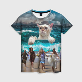 Женская футболка 3D с принтом Морской Кошак в Кировске, 100% полиэфир ( синтетическое хлопкоподобное полотно) | прямой крой, круглый вырез горловины, длина до линии бедер | cat | mem | mems | вода | волны | кот | котейка | котик | кошак | кошка | мем | мем с котом | мемы | мемы с котом | мокрый кот | море | морской кот | морской кошак | облака | океан | прикол | приколы | тучи | шторм