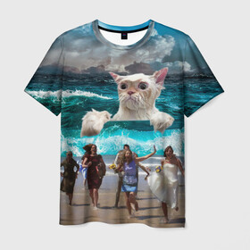 Мужская футболка 3D с принтом Морской Кошак в Кировске, 100% полиэфир | прямой крой, круглый вырез горловины, длина до линии бедер | cat | mem | mems | вода | волны | кот | котейка | котик | кошак | кошка | мем | мем с котом | мемы | мемы с котом | мокрый кот | море | морской кот | морской кошак | облака | океан | прикол | приколы | тучи | шторм