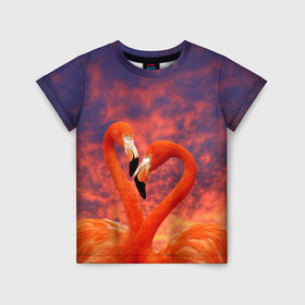 Детская футболка 3D с принтом Flamingo Love в Кировске, 100% гипоаллергенный полиэфир | прямой крой, круглый вырез горловины, длина до линии бедер, чуть спущенное плечо, ткань немного тянется | Тематика изображения на принте: 14 февраля | 8 марта | валентинов день | верность | влюбленность | влюбленные | вместе | вместе навсегда | девушке | женат | женский день | женский праздник | закат | замужем | кружка | любимая