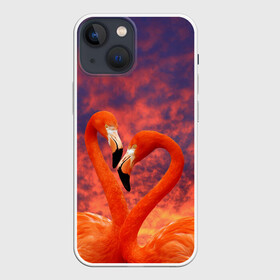 Чехол для iPhone 13 mini с принтом Flamingo Love в Кировске,  |  | 14 февраля | 8 марта | валентинов день | верность | влюбленность | влюбленные | вместе | вместе навсегда | девушке | женат | женский день | женский праздник | закат | замужем | кружка | любимая