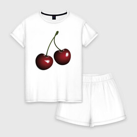 Женская пижама с шортиками хлопок с принтом Вишня в Кировске, 100% хлопок | футболка прямого кроя, шорты свободные с широкой мягкой резинкой | вишневая | вкусная | красная | лето | спелая | фрукты | ягода