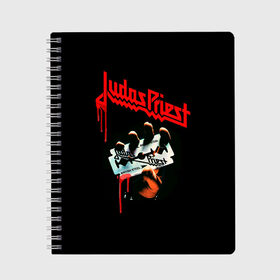 Тетрадь с принтом Judas Priest в Кировске, 100% бумага | 48 листов, плотность листов — 60 г/м2, плотность картонной обложки — 250 г/м2. Листы скреплены сбоку удобной пружинной спиралью. Уголки страниц и обложки скругленные. Цвет линий — светло-серый
 | Тематика изображения на принте: judas | priest | грув метал | группа | рок | хард рок | хеви метал