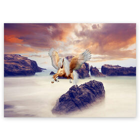 Поздравительная открытка с принтом Sea Sunset Horse в Кировске, 100% бумага | плотность бумаги 280 г/м2, матовая, на обратной стороне линовка и место для марки
 | вечернее небо | закат | конь | крылатый | крылья | легенды | летающий | лошадь | мистический | мифология | мифы | море | морской | облака | облачность | пегас | плед | погода | подушка | скалы | сумка