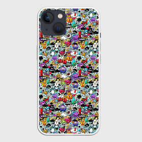 Чехол для iPhone 13 с принтом Stickerboom в Кировске,  |  | Тематика изображения на принте: art | bomb | graffiti | hearts | monsters | stars | stickerboom | stickers | texture | арт | бомба | вишня | граффити | звезды | монстры | мороженое | сердечки | стикербум | стикеры | текстура