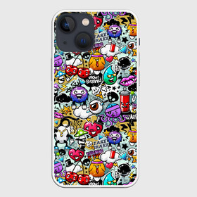 Чехол для iPhone 13 mini с принтом Stickerboom в Кировске,  |  | Тематика изображения на принте: art | bomb | graffiti | hearts | monsters | stars | stickerboom | stickers | texture | арт | бомба | вишня | граффити | звезды | монстры | мороженое | сердечки | стикербум | стикеры | текстура