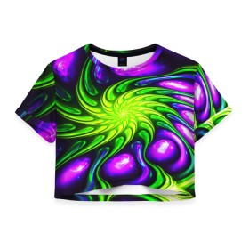 Женская футболка Crop-top 3D с принтом NEON&ACID в Кировске, 100% полиэстер | круглая горловина, длина футболки до линии талии, рукава с отворотами | abstract | abstraction | color | fractal | geometry | paitnt | polygon | polygonal | psy | абстракция | геометрия | краски | неоновые | полигоны | психоделика | фрактал