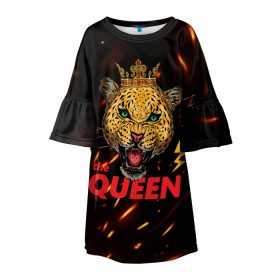 Детское платье 3D с принтом the Queen в Кировске, 100% полиэстер | прямой силуэт, чуть расширенный к низу. Круглая горловина, на рукавах — воланы | Тематика изображения на принте: queen | большая кошка | королева | корона | кошка | леопард | львица | молния