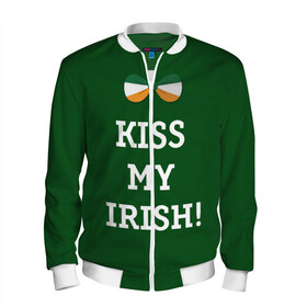 Мужской бомбер 3D с принтом Kiss my Irish в Кировске, 100% полиэстер | застегивается на молнию, по бокам два кармана без застежек, по низу бомбера и на воротнике - эластичная резинка | Тематика изображения на принте: британия | день святого патрика | золото | ирландия