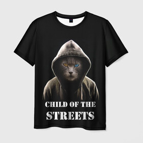 Мужская футболка 3D с принтом Дитя улиц в Кировске, 100% полиэфир | прямой крой, круглый вырез горловины, длина до линии бедер | cat | gangster | балахон | глаза | дитя улиц | кот | котик | крутой | крутой принт | принт | с надписью | топ | тренд