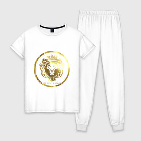 Женская пижама хлопок с принтом Golden lion в Кировске, 100% хлопок | брюки и футболка прямого кроя, без карманов, на брюках мягкая резинка на поясе и по низу штанин | власть | дорого | золото | король | корона | лев | царь
