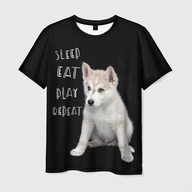 Мужская футболка 3D с принтом Sleep Eat Play Repeat (Хаски) в Кировске, 100% полиэфир | прямой крой, круглый вырез горловины, длина до линии бедер | dog | husky | puppy | siberian husky | sleep eat play repeat | белая собака | белый щенок | ездовая собака | кружка | лайка | лайка щенок | подушка | сибирский хаски | собака | собачья жизнь | сумка | термокружка | фартук