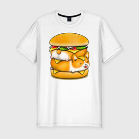 Мужская футболка хлопок Slim с принтом Корги в Кировске, 92% хлопок, 8% лайкра | приталенный силуэт, круглый вырез ворота, длина до линии бедра, короткий рукав | art | burger | chees | corgi | dog | арт | бургер | еда | корги | миска | собака | сыр | чизбургер