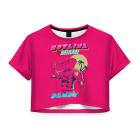 Женская футболка Crop-top 3D с принтом Hotline Miami в Кировске, 100% полиэстер | круглая горловина, длина футболки до линии талии, рукава с отворотами | hotline miami | горячая линия майами | денди | игра | майами | пальмы | слоник